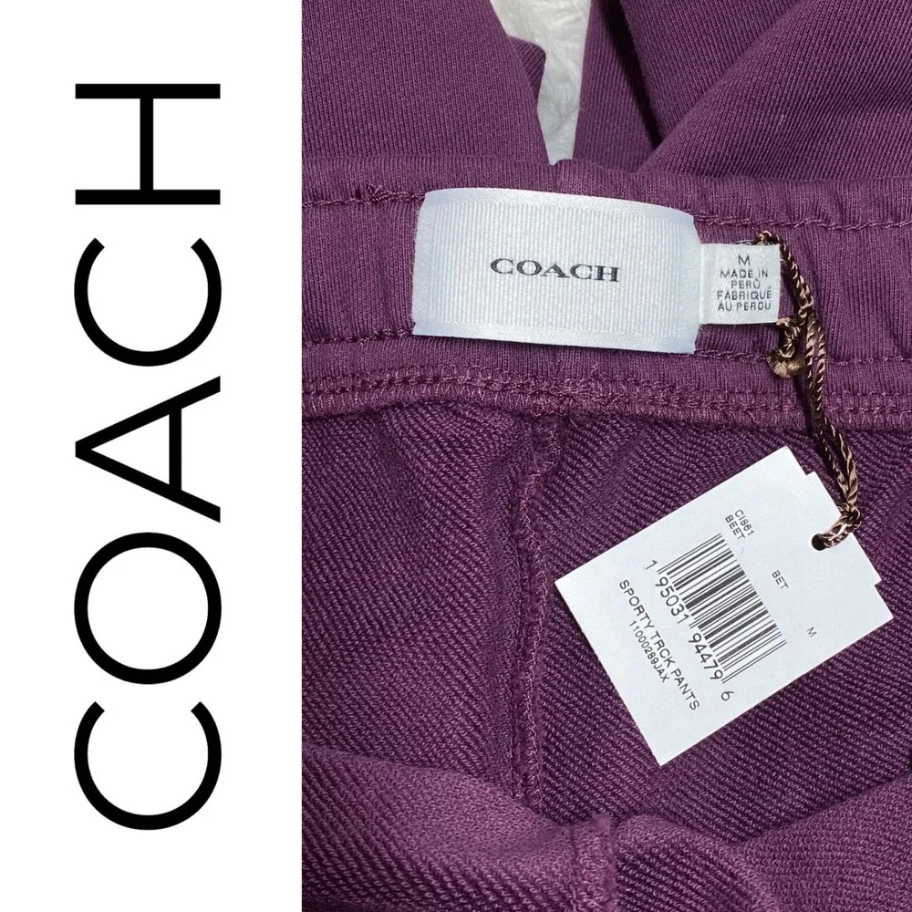 Coach NWT Sporty Wide Leg Cotton Track Pants Beet Purple Terrycloth Logo Women M